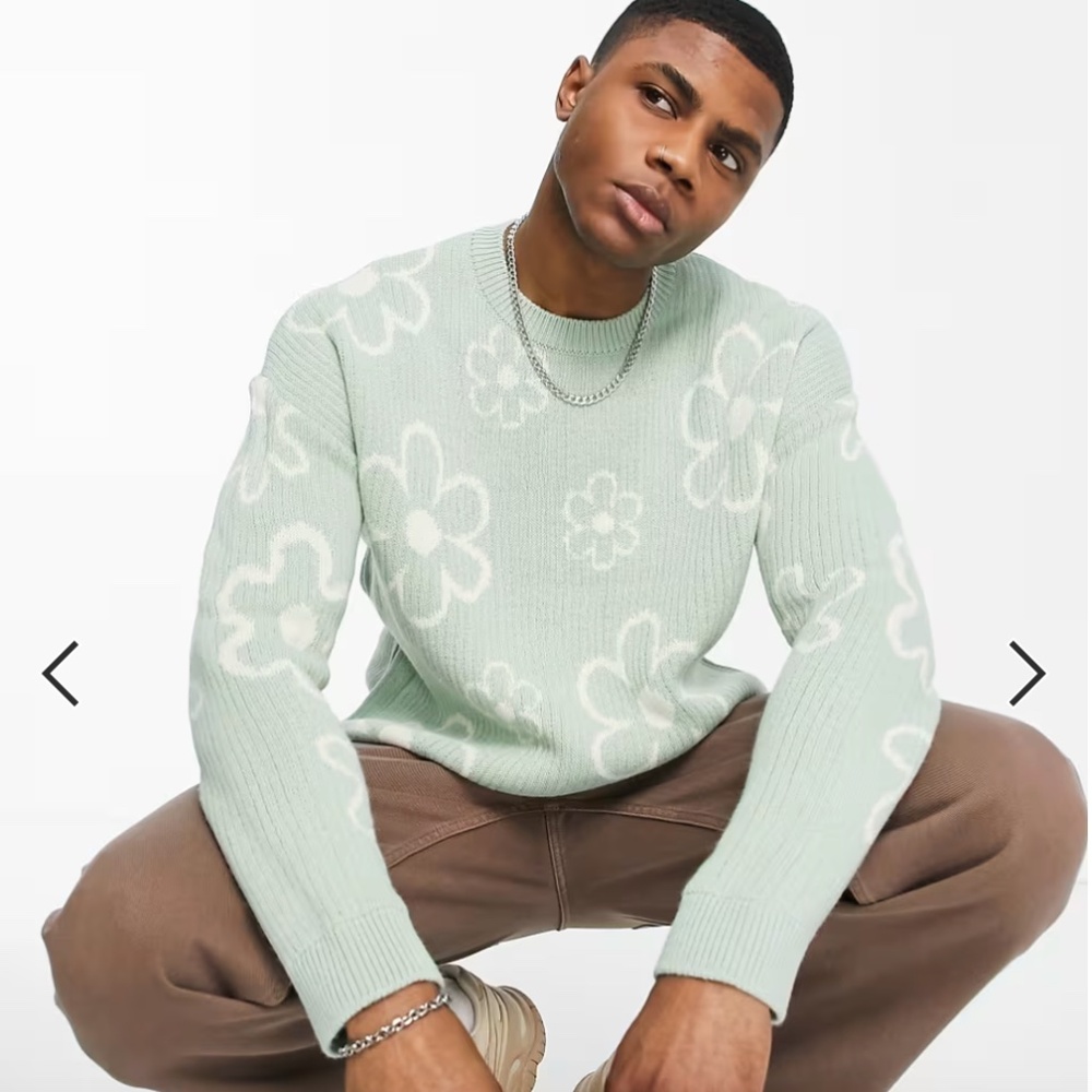 ASOS DESIGN knitted textured rib sweater with all over floral in khaki